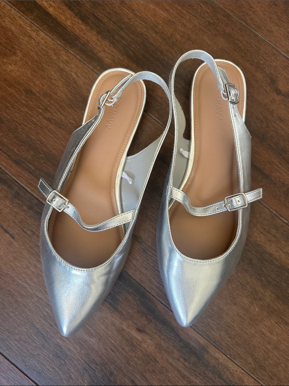 Metallic Silver Pointed Slingback Flats with Buckle